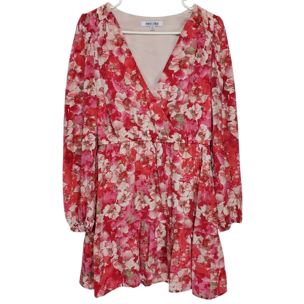 7605 * Mimi Chica Pink Shimmer Floral Surplice Mini Dress Long Sleeve Size M